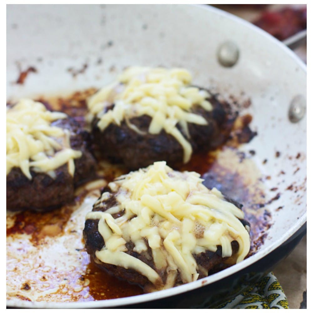 Brown Butter Seared Burgers with Bourbon Mushrooms, Bacon and Gruyere