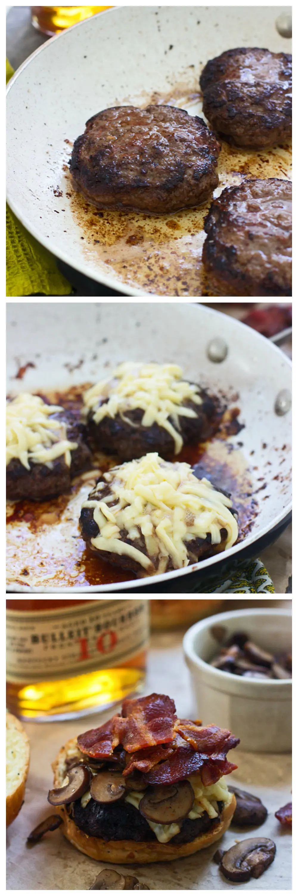 Brown Butter Seared Burgers with Bourbon Mushrooms, Bacon and Gruyere