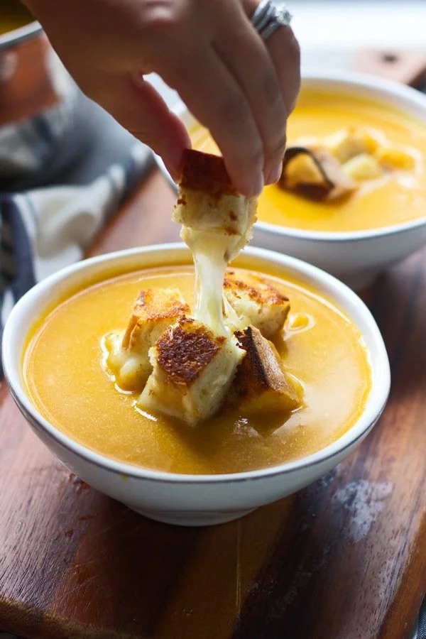 Butternut Squash, Apple Cider and Cheddar Soup with Roasted Garlic Cheddar Grilled Cheese Croutons