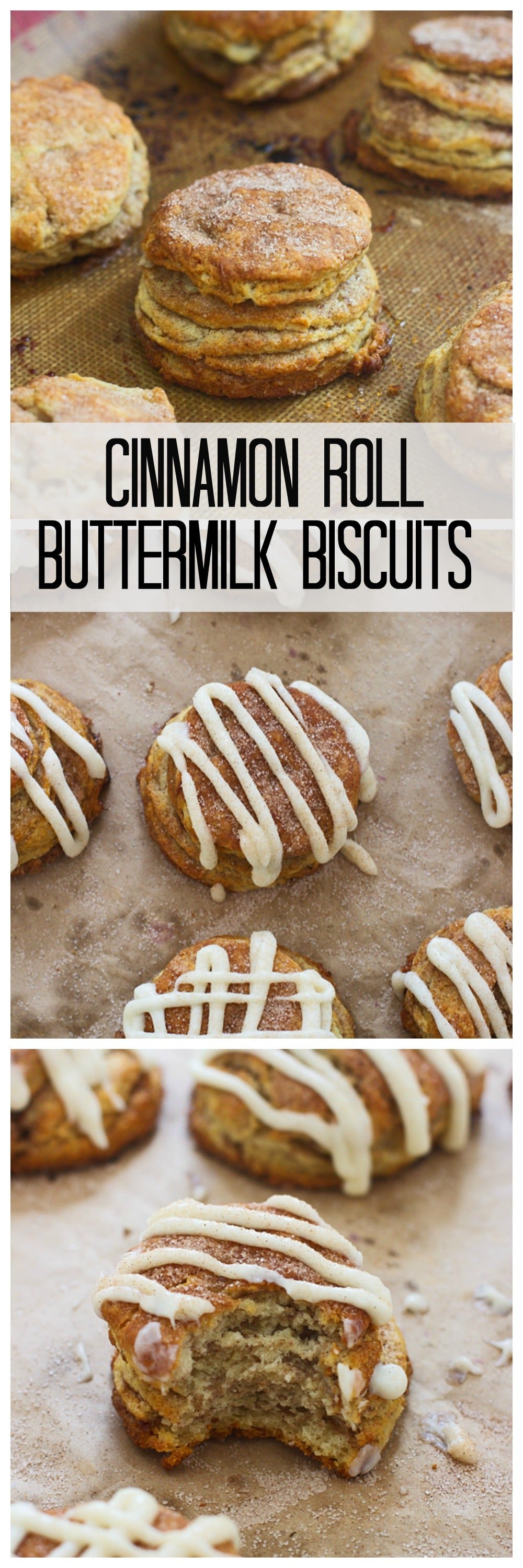 Cinnamon Roll Butterilk Biscuits - Super flaky layers of dough sprinkled with cinnamon and sugar and drenched in cream cheese frosting.