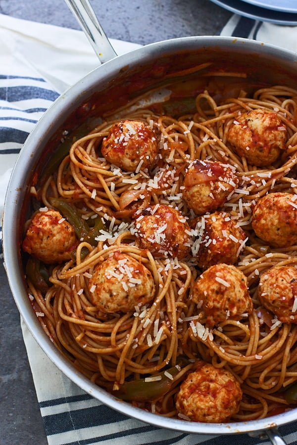 Lighter Spaghetti and Meatballs (Made with chicken and whole-wheat spaghetti)