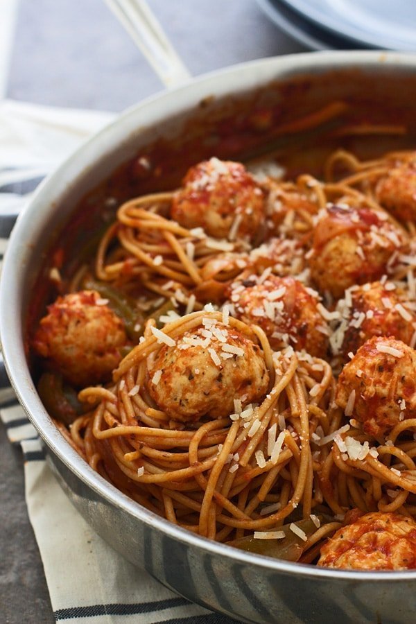 Lighter Spaghetti and Meatballs (Made with chicken and whole-wheat spaghetti)