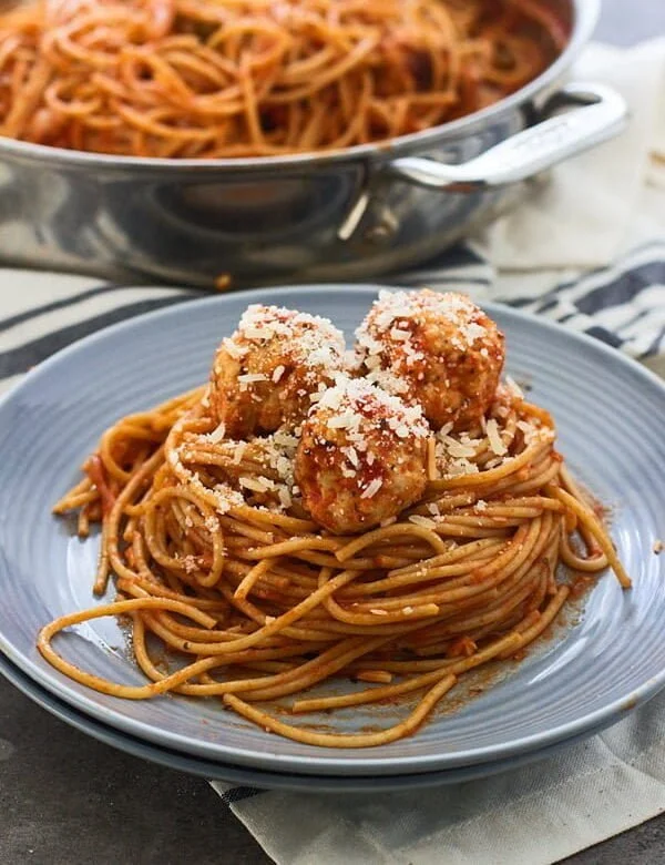 Lighter Spaghetti and Meatballs (Made with chicken and whole-wheat spaghetti)