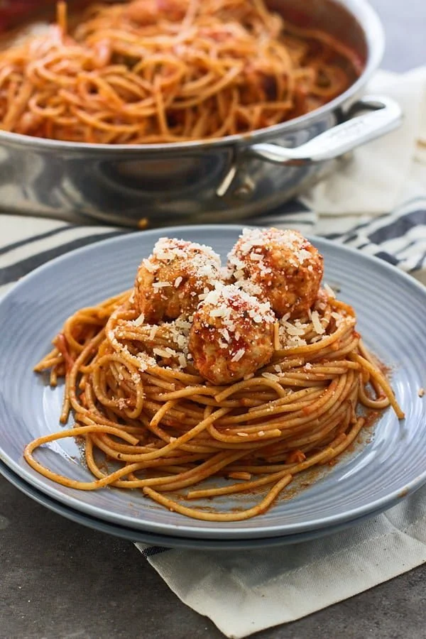 Lighter Spaghetti and Meatballs (Made with chicken and whole-wheat spaghetti)