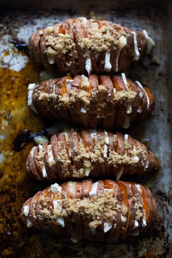 Four Ingredient Brie and Brown Sugar Hasselback Sweet Potatoes