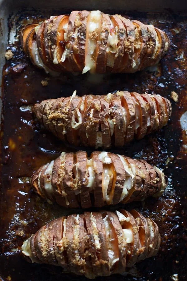 20 Non-Traditional Thanksgiving Sides: Four Ingredient Hasselback Sweet Potatoes