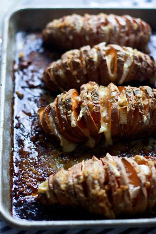 Five Ingredient Brie and Brown Sugar Hasselback Sweet Potatoes - SO much easier than sweet potato casserole and just as delicious!