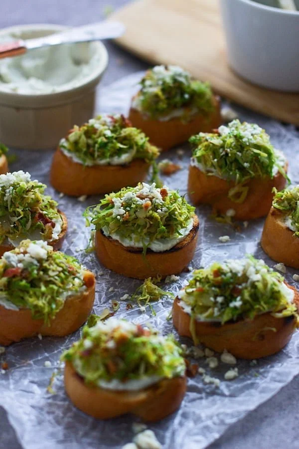 Five Ingredient Brussels Sprout and Bacon Crostini with Whipped Blue Cheese