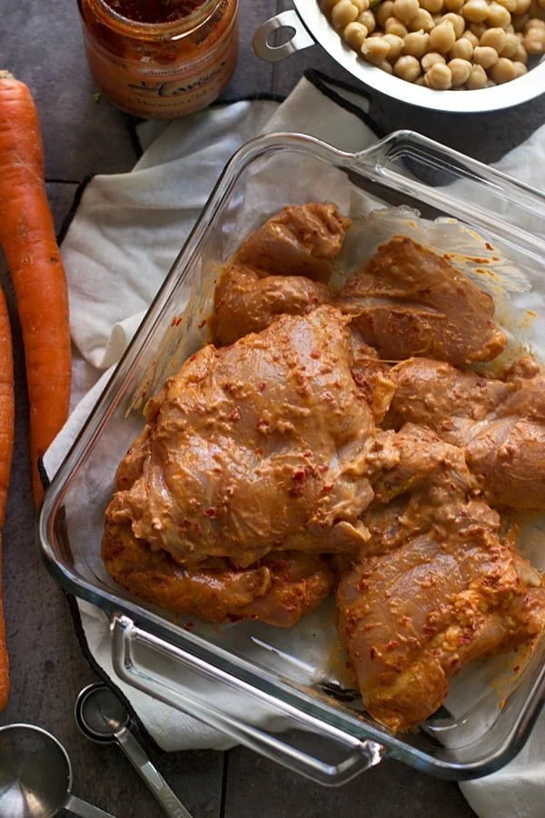 One Pan Harissa Marinated Chicken with Lemon Greek Yogurt- A super easy weeknight dinner!