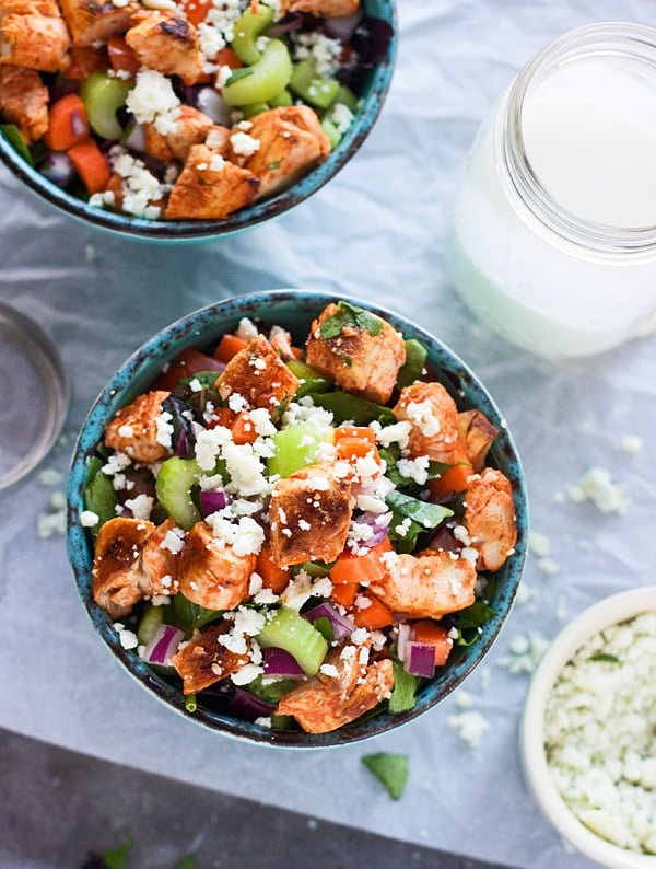 Healthy Chopped Buffalo Chicken Salad with Creamy Blue Cheese Dressing