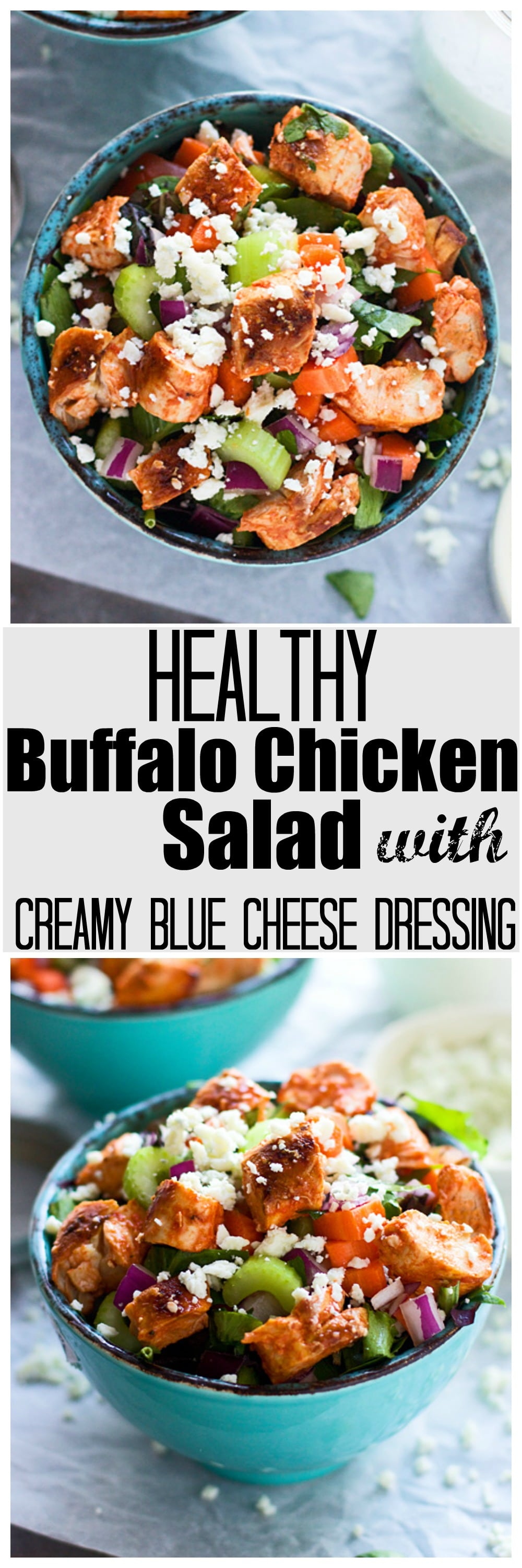 Healthy Chopped Buffalo Chicken Salsad with Creamy Blue Cheese Dressing