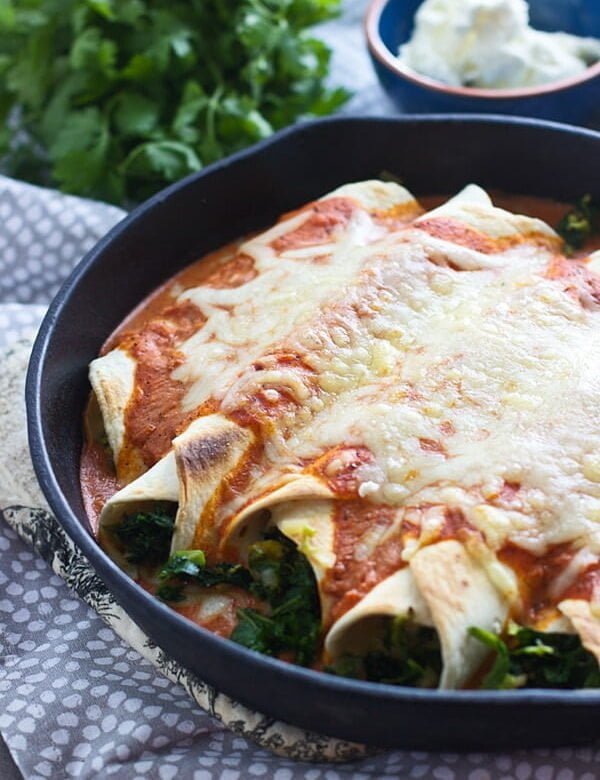 Kale and Brussels Sprout Enchiladas with Creamy (Homemade) Goat Cheese Enchilada Sauce)