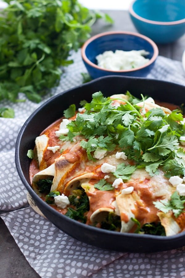 Kale and Brussels Sprout Enchiladas with Creamy (Homemade) Goat Cheese Enchilada Sauce)