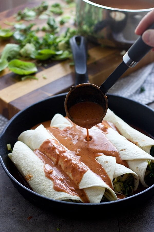 Kale and Brussels Sprout Enchiladas with Creamy (Homemade) Goat Cheese Enchilada Sauce)