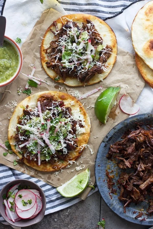 Puffy Tostadas with Chile and Beer Braised Short Ribs and Tomatillo Salsa