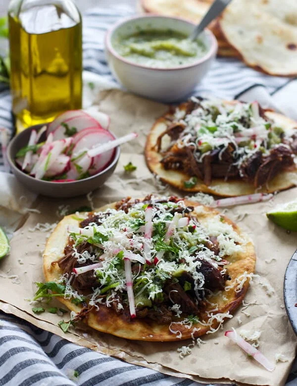 Puffy Tostadas with Chile and Beer Braised Short Ribs and Tomatillo Salsa