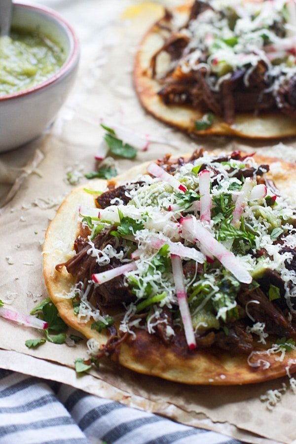 Puffy Tostadas with Chile and Beer Braised Short Ribs and Tomatillo Salsa