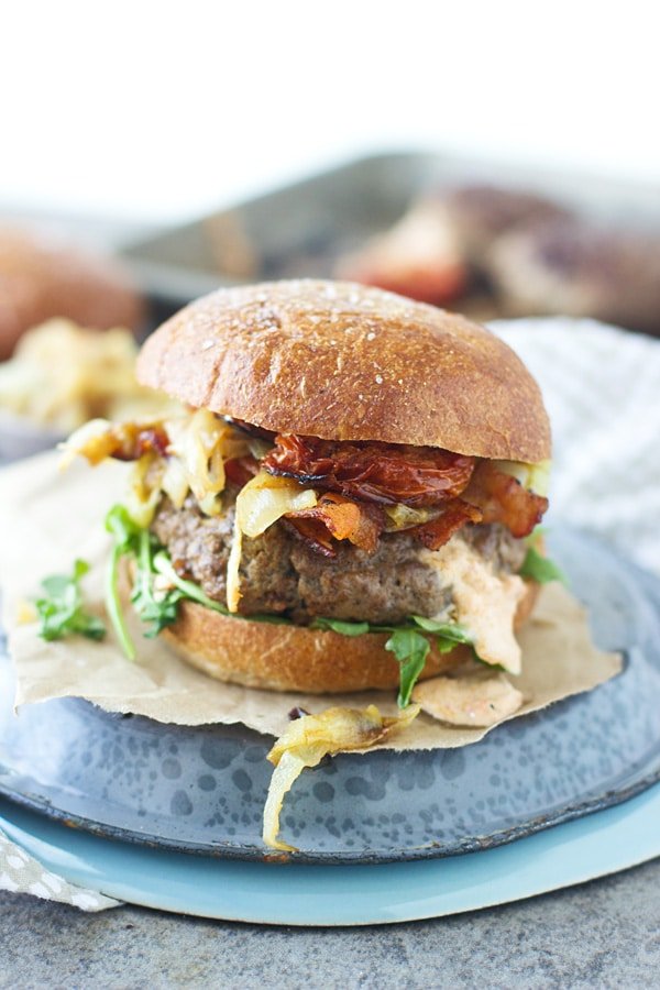 Pimento Goat Cheese Juicy Lucy's with Roasted Tomatoes, Bacon and Carmelized Onions 2