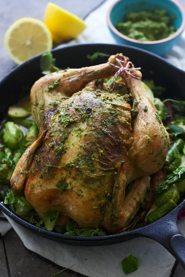 Roasted Chicken with Pistachio and Arugula Pesto