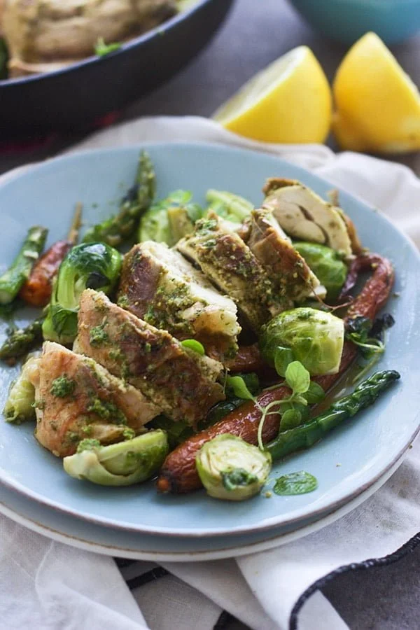 Roast Chicken with Pistachio and Arugula Pesto