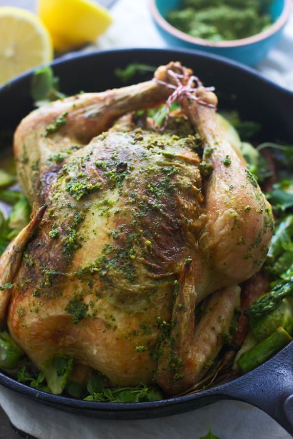 Roasted Chicken with Pistachio and Arugula Pesto