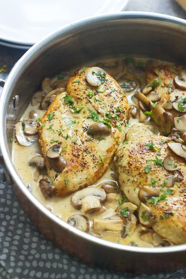 Finish cooking the seared chicken breasts in the mushroom marsala sauce. 