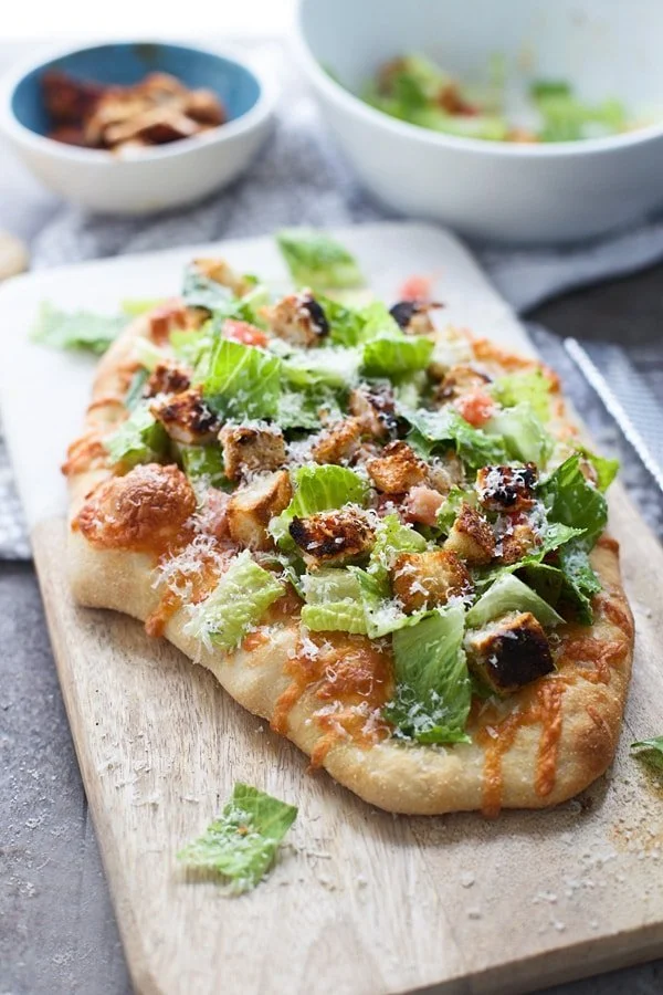 Blackened Chicken Caesar Salad Pizzas