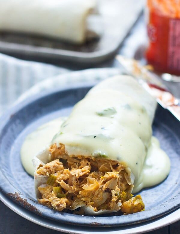 Easy Buffalo Chicken Burritos with Hatch Pepper Queso