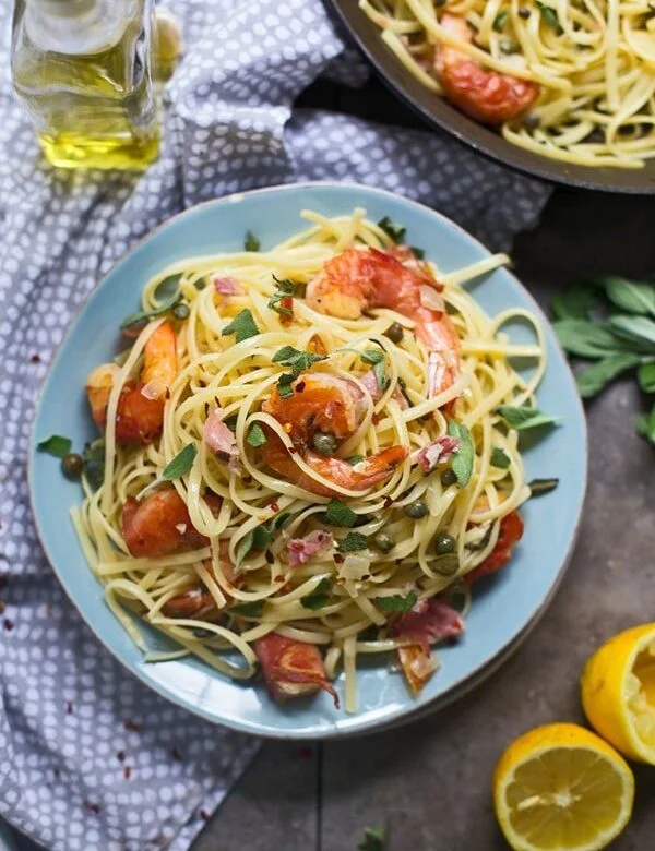 Easy Shrimp Saltimbocca Linguini