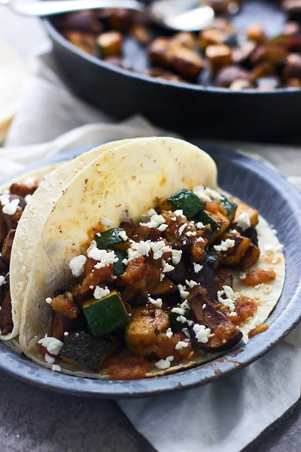 Zucchini and Mushroom Tacos with Hatch Pepper Salsa