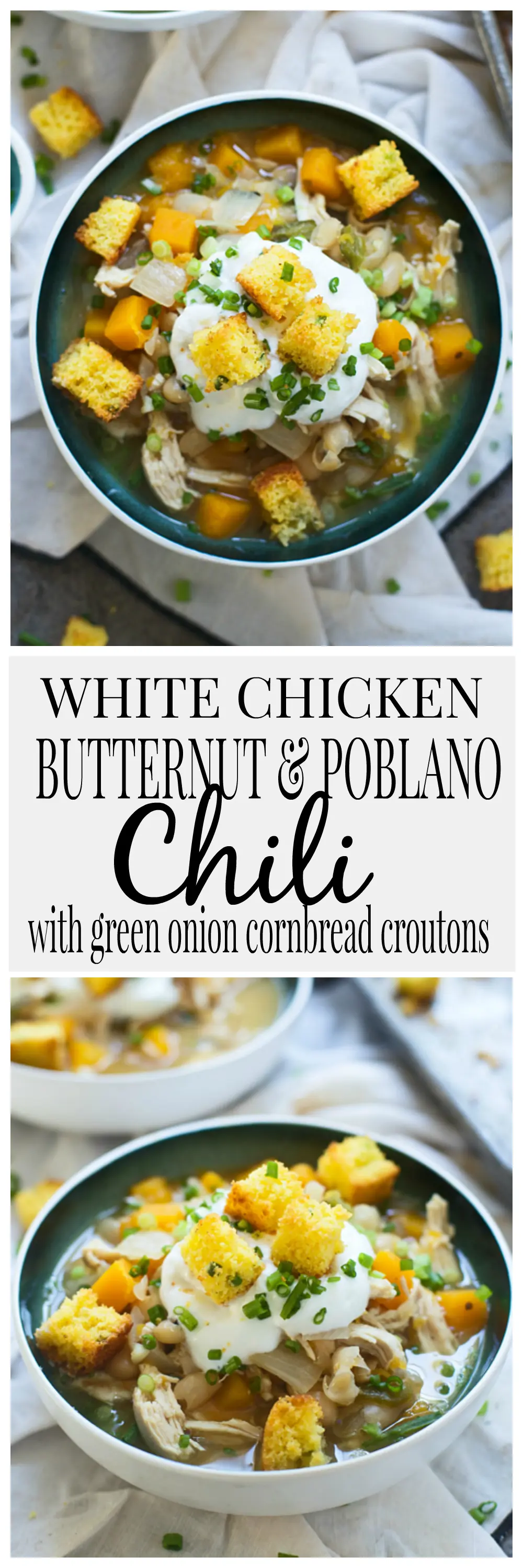 White Chicken Butternut and Poblano Chili with Cornbread Croutons