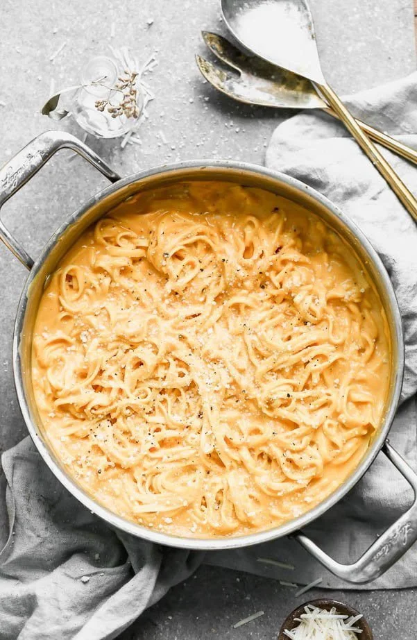 This Roasted Butternut Squash Pasta (5 Ingredients!) is creamy, cheesy, and SO delicious. Packed with roasted butternut squash, plenty of parmesan cheese, and just a touch of cream, this is an easy dinner you'll come back to time and time again this fall! 