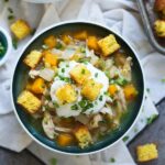 White Chicken Butternut and Poblano Chili with Cornbread Croutons