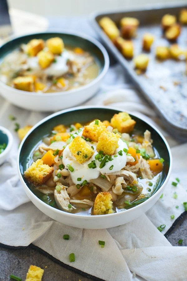 White Chicken Butternut and Poblano Chili with Cornbread Croutons