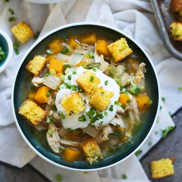 White Chicken Butternut and Poblano Chili with Cornbread Croutons