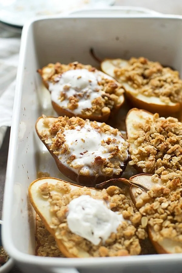 Baked Champagne Pears with Oat Almond Crumble
