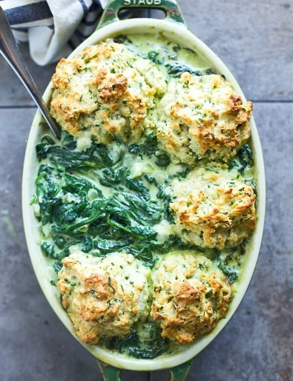 Creamed Spinach Gratin with Chive Drop Biscuits