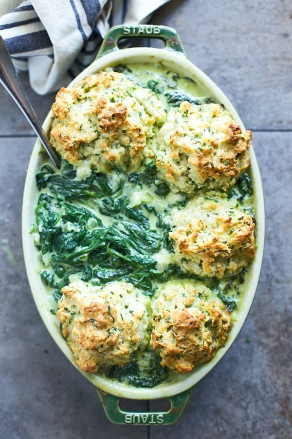 Creamed Spinach Gratin with Chive Drop Biscuits