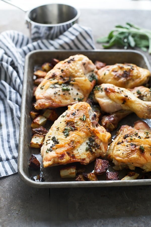 Roasted chicken breasts, thighs and drumsticks with sage butter