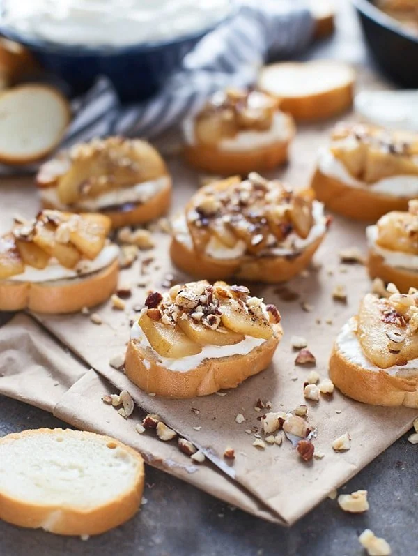 Pear Crostini with Homemade Whipped Ricotta and Brown Butter Honey