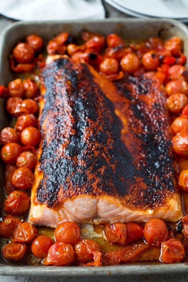 Broiled salmon with roasted cherry tomatoes 