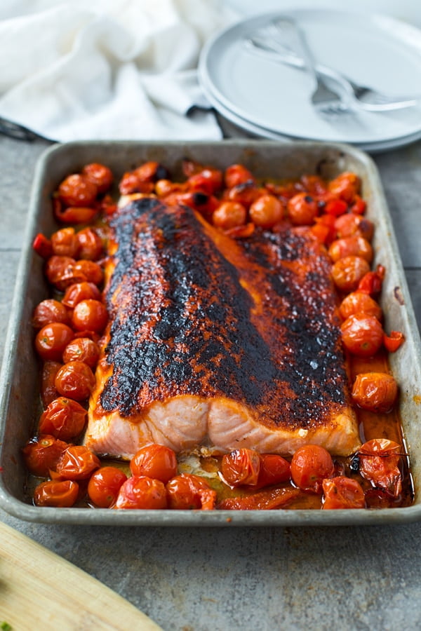 Tomato Butter Roasted Salmon with Cherry Tomatoes and Peppadews - An easy weeknight dinner that comes together in 30 minutes. 