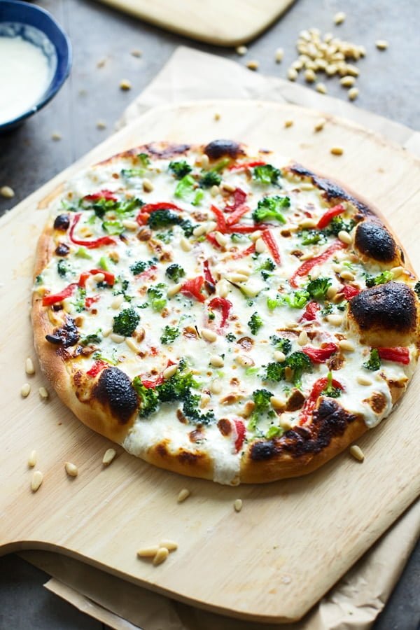 Alfredo, Roasted Red Pepper and Broccoli Pizza