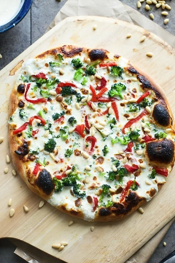 Alfredo, Roasted Red Pepper and Broccoli Pizza