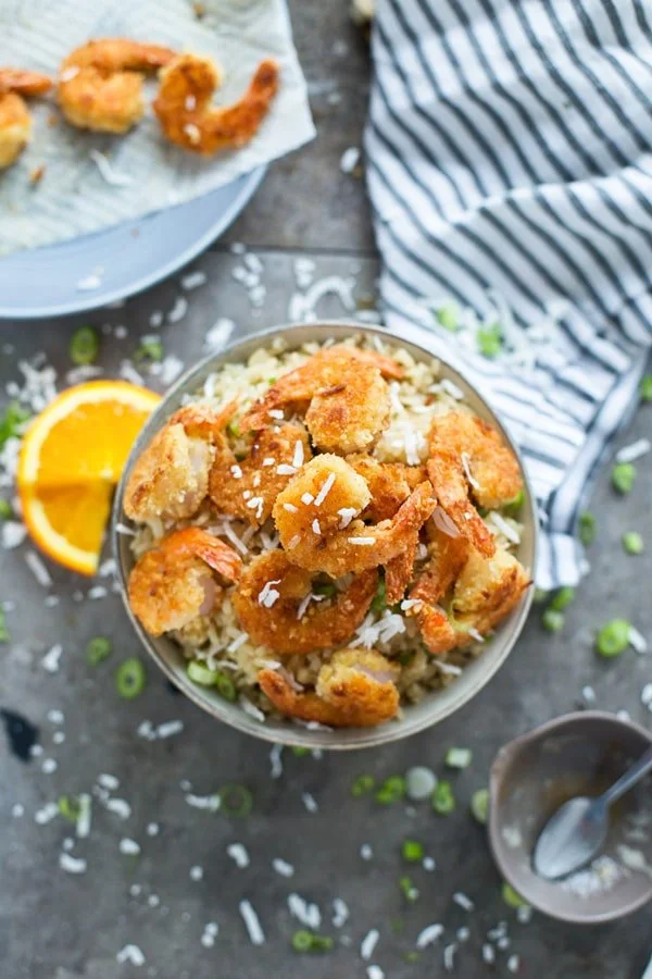 Crispy Coconut Ginger Shrimp with Coconut Rice and Orange Butter Sauce