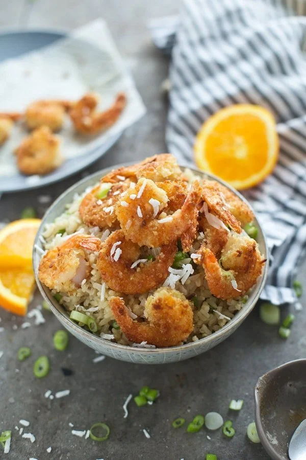 Crispy Coconut Ginger Shrimp with Coconut Rice and Orange Butter Sauce