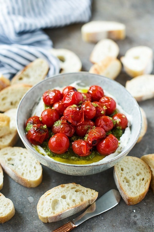 Homemade Pesto Whipped Ricotta with Roasted Cherry Tomatoes