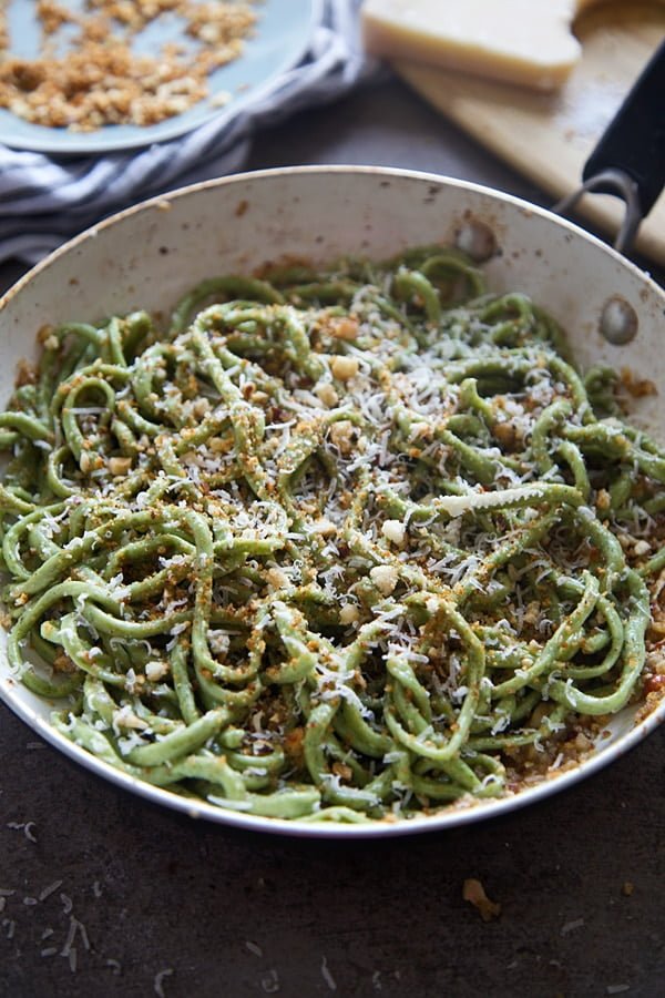 Spinach Bucatini with Brown Butter, Hazelnuts and Breadcrumbs
