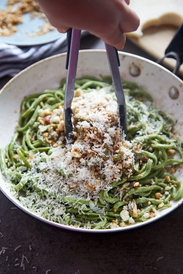 Spinach Bucatini with Brown Butter, Hazelnuts and Breadcrumbs