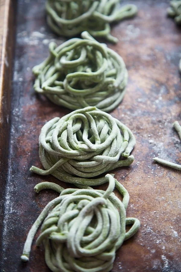 Spinach Bucatini with Brown Butter, Hazelnuts and Breadcrumbs